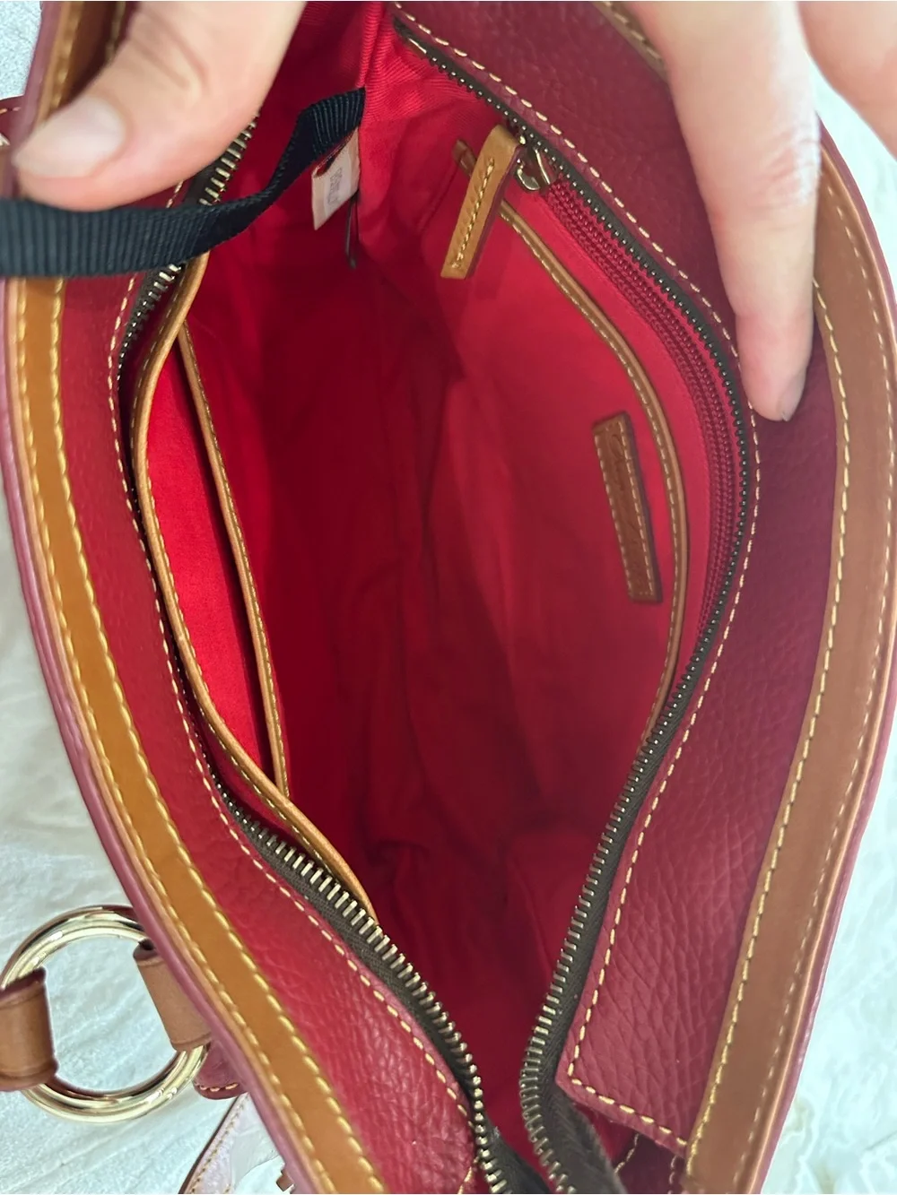 Dooney & Bourke Red Pebbled Leather Satchel with Tan Accents